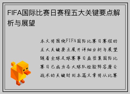 FIFA国际比赛日赛程五大关键要点解析与展望